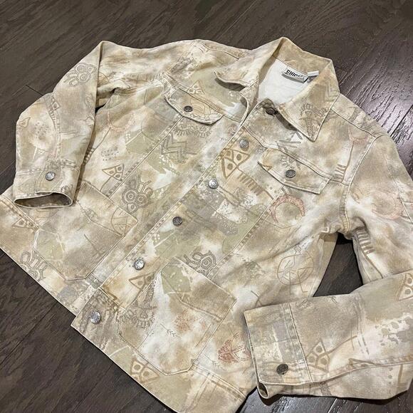 Chicos 0 Womens Art to Wear Jacket Lightweight Denim Primitive Drawings Aztec - Picture 2 of 7